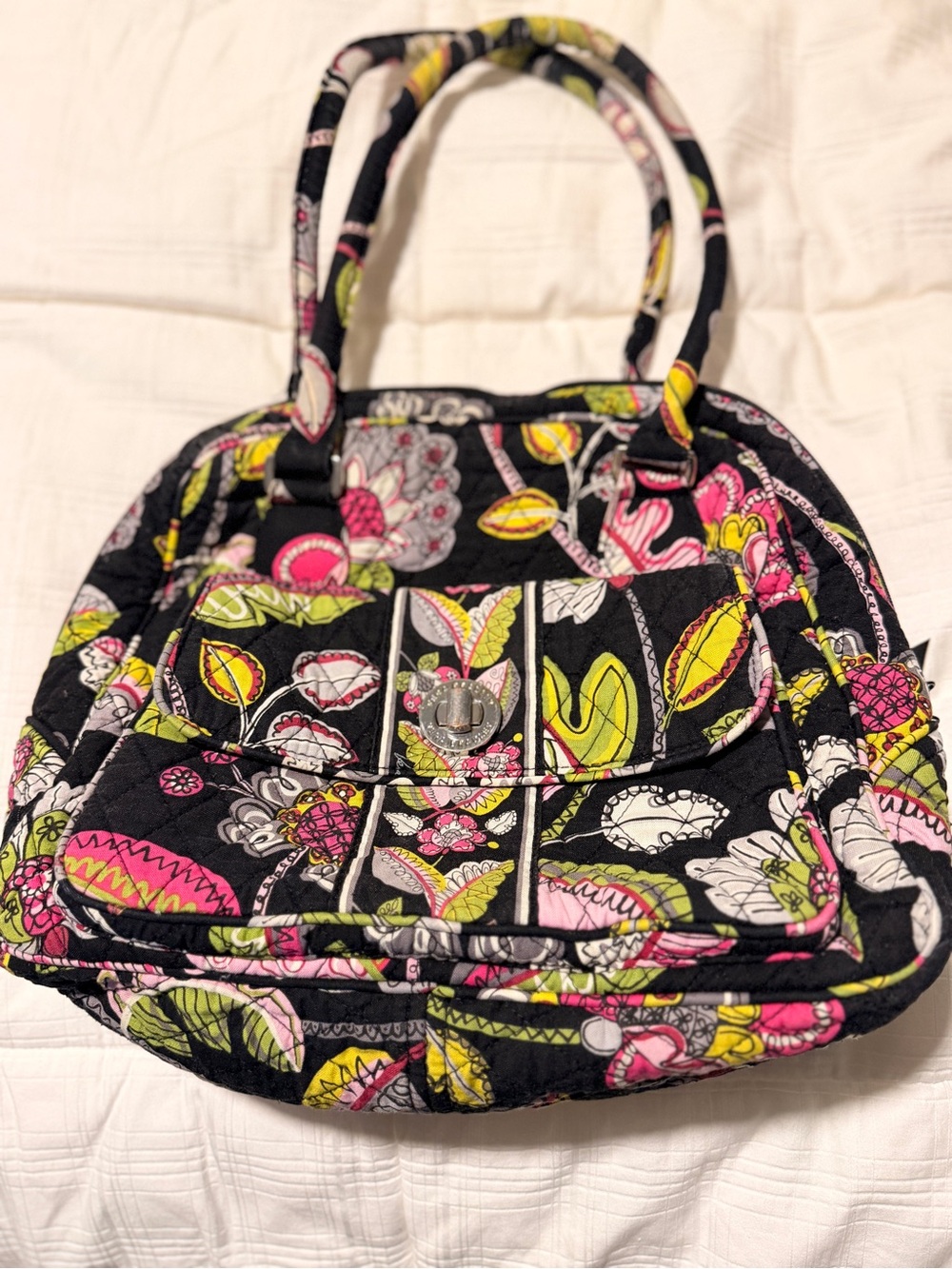 Vera Bradley Quilted Floral Shoulder Bag in Black, Pink & Lime